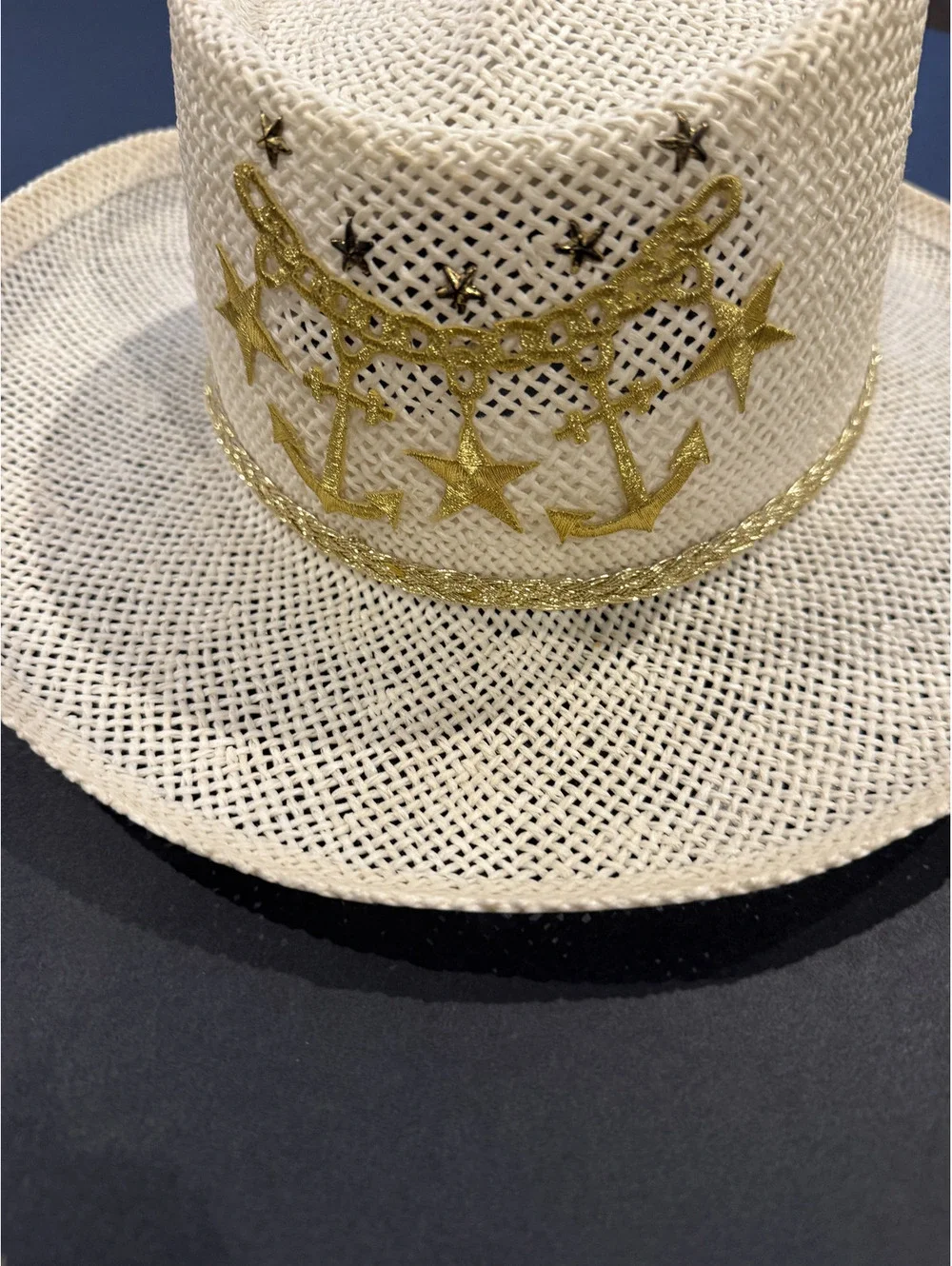 Beige Straw Panama Hat with Gold Anchor and Star Embroidery